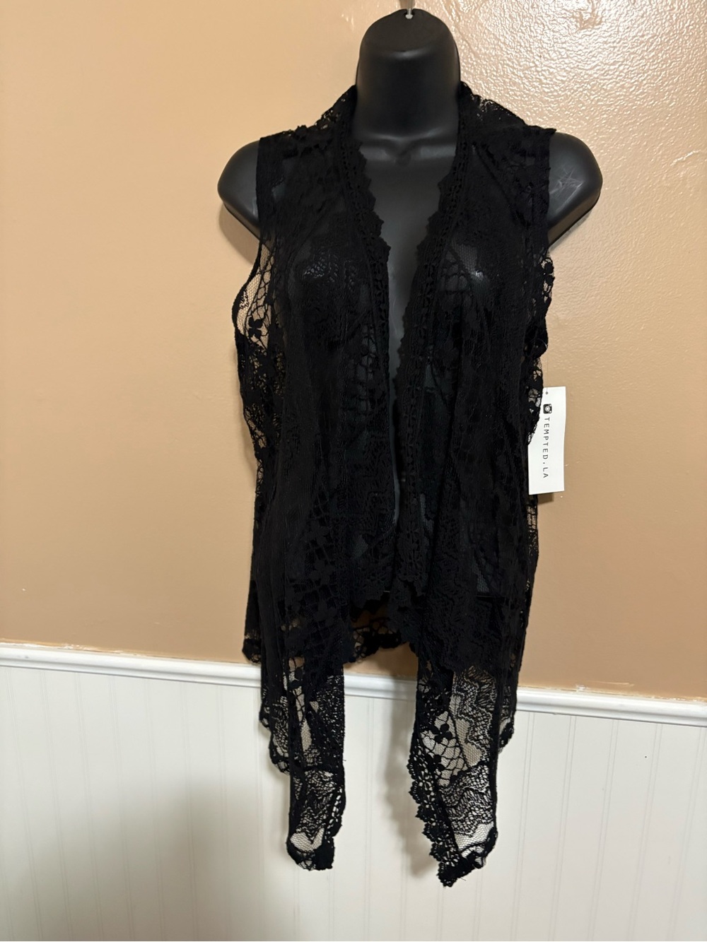 Tempted Large Black Lace Open Front High Low Vest New With Tags